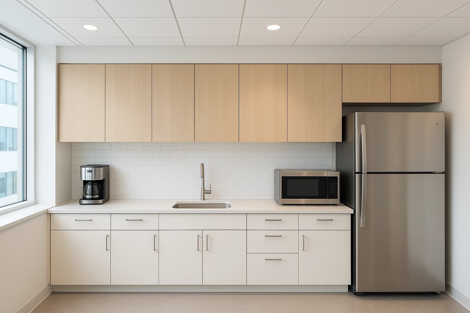Modern office kitchenette with custom two-tone cabinetry (light wood uppers, white lowers), white countertops, and stainless steel appliances by Cabinet Connection